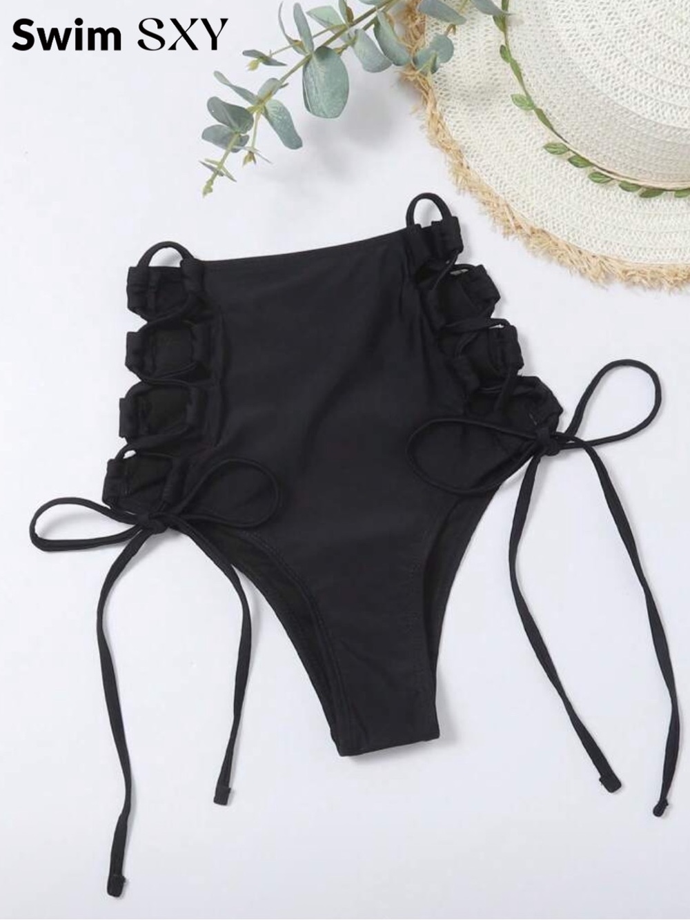 SHEIN SwinSxy High-Waist Black Bikini Bottoms with Side Tie Details
